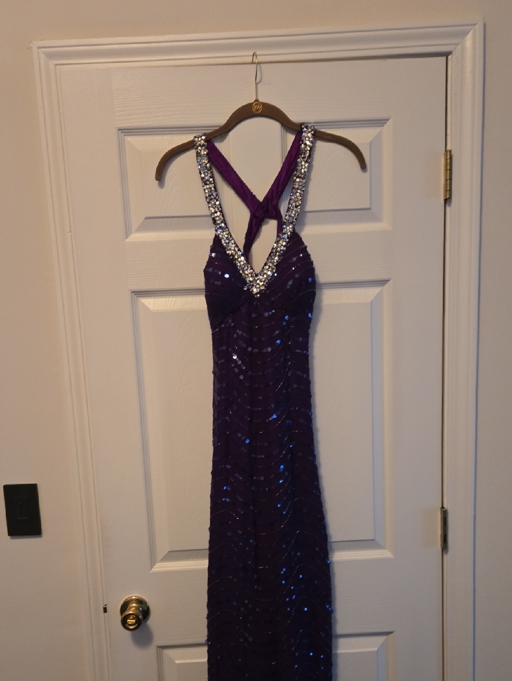 Sean Collection Purple Sequin Prom Dress with Beaded Straps